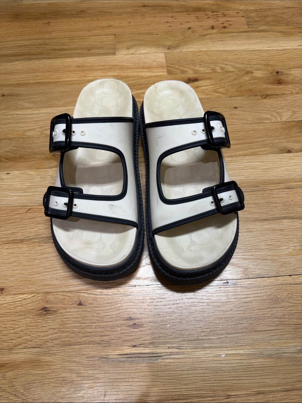 Coach women’s White and Black Double-Buckle Slide Sandals